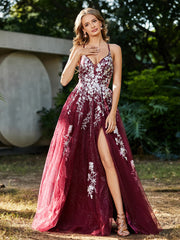 A-line V-neck Lace Up Tulle Gown Burgundy Plus Size