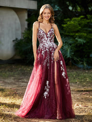 A-line V-neck Lace Up Tulle Gown Burgundy Plus Size
