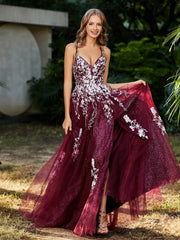A-line V-neck Lace Up Tulle Gown Burgundy Plus Size