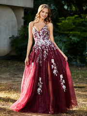 A-line V-neck Lace Up Tulle Gown Burgundy Plus Size