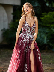 A-line V-neck Lace Up Tulle Gown Burgundy Plus Size