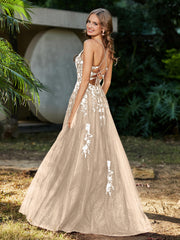 A-line V-neck Lace Up Tulle Gown Champagne