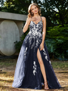 A-line V-neck Lace Up Tulle Gown Dark Navy