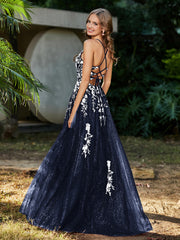 A-line V-neck Lace Up Tulle Gown Dark Navy