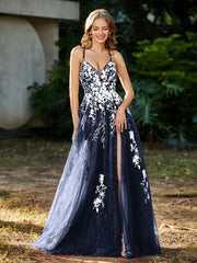 A-line V-neck Lace Up Tulle Gown Dark Navy Plus Size