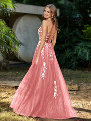 A-line V-neck Lace Up Tulle Gown Flamingo Plus Size