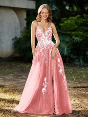 A-line V-neck Lace Up Tulle Gown Flamingo