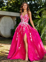 A-line V-neck Lace Up Tulle Gown Fuchsia Plus Size