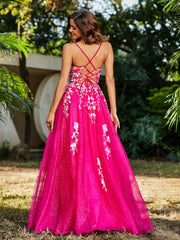 A-line V-neck Lace Up Tulle Gown Fuchsia Plus Size
