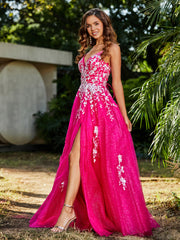 A-line V-neck Lace Up Tulle Gown Fuchsia Plus Size