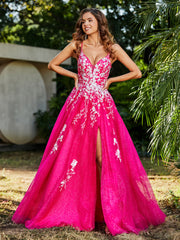 A-line V-neck Lace Up Tulle Gown Fuchsia Plus Size