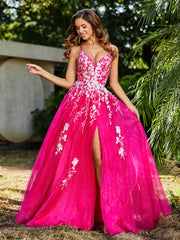 A-line V-neck Lace Up Tulle Gown Fuchsia Plus Size