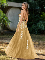 A-line V-neck Lace Up Tulle Gown Gold Plus Size