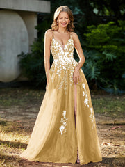 A-line V-neck Lace Up Tulle Gown Gold