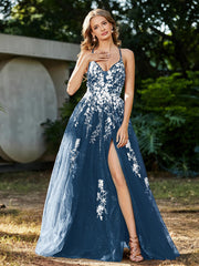 A-line V-neck Lace Up Tulle Gown Ink Blue Plus Size