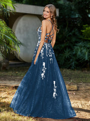 A-line V-neck Lace Up Tulle Gown Ink Blue Plus Size