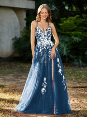 A-line V-neck Lace Up Tulle Gown Ink Blue Plus Size