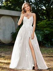 A-line V-neck Lace Up Tulle Gown Ivory