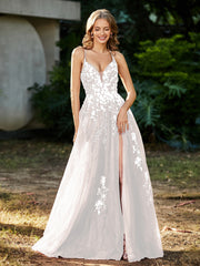 A-line V-neck Lace Up Tulle Gown Ivory Plus Size