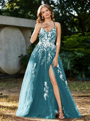 A-line V-neck Lace Up Tulle Gown Jade