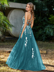 A-line V-neck Lace Up Tulle Gown Jade