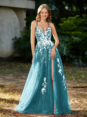 A-line V-neck Lace Up Tulle Gown Jade
