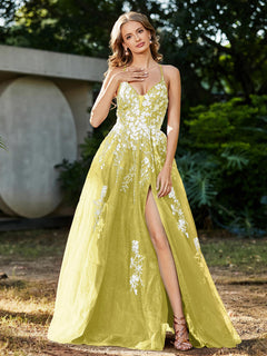 A-line V-neck Lace Up Tulle Gown Lemon