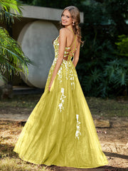 A-line V-neck Lace Up Tulle Gown Lemon Plus Size
