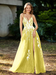 A-line V-neck Lace Up Tulle Gown Lemon Plus Size