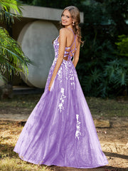 A-line V-neck Lace Up Tulle Gown Lilac