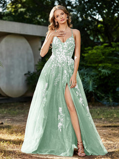 A-line V-neck Lace Up Tulle Gown Mint Green