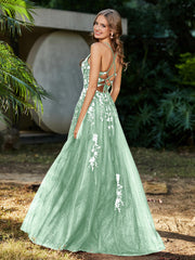 A-line V-neck Lace Up Tulle Gown Mint Green