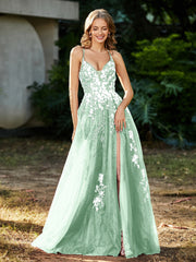 A-line V-neck Lace Up Tulle Gown Mint Green