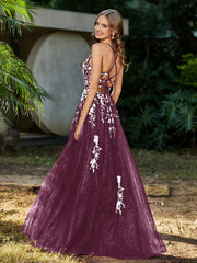 A-line V-neck Lace Up Tulle Gown Mulberry Plus Size