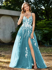 A-line V-neck Lace Up Tulle Gown Pool