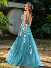 A-line V-neck Lace Up Tulle Gown Pool