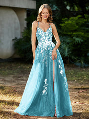 A-line V-neck Lace Up Tulle Gown Pool