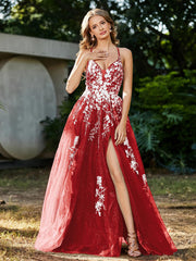 A-line V-neck Lace Up Tulle Gown Red Plus Size