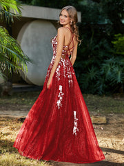 A-line V-neck Lace Up Tulle Gown Red Plus Size