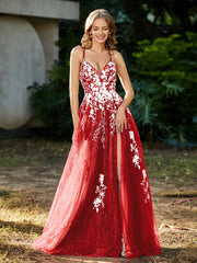 A-line V-neck Lace Up Tulle Gown Red Plus Size