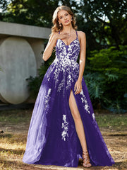 A-line V-neck Lace Up Tulle Gown Regency