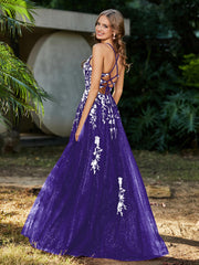 A-line V-neck Lace Up Tulle Gown Regency
