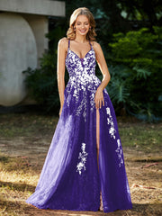 A-line V-neck Lace Up Tulle Gown Regency