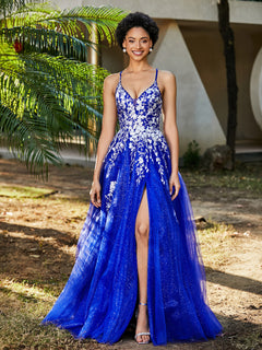 A-line V-neck Lace Up Tulle Gown Royal Blue