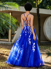 A-line V-neck Lace Up Tulle Gown Royal Blue Plus Size