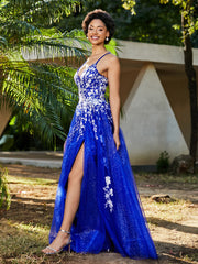 A-line V-neck Lace Up Tulle Gown Royal Blue Plus Size