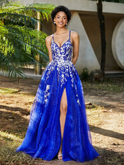 A-line V-neck Lace Up Tulle Gown Royal Blue