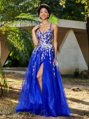 A-line V-neck Lace Up Tulle Gown Royal Blue