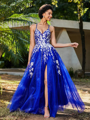 A-line V-neck Lace Up Tulle Gown Royal Blue