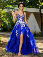 A-line V-neck Lace Up Tulle Gown Royal Blue